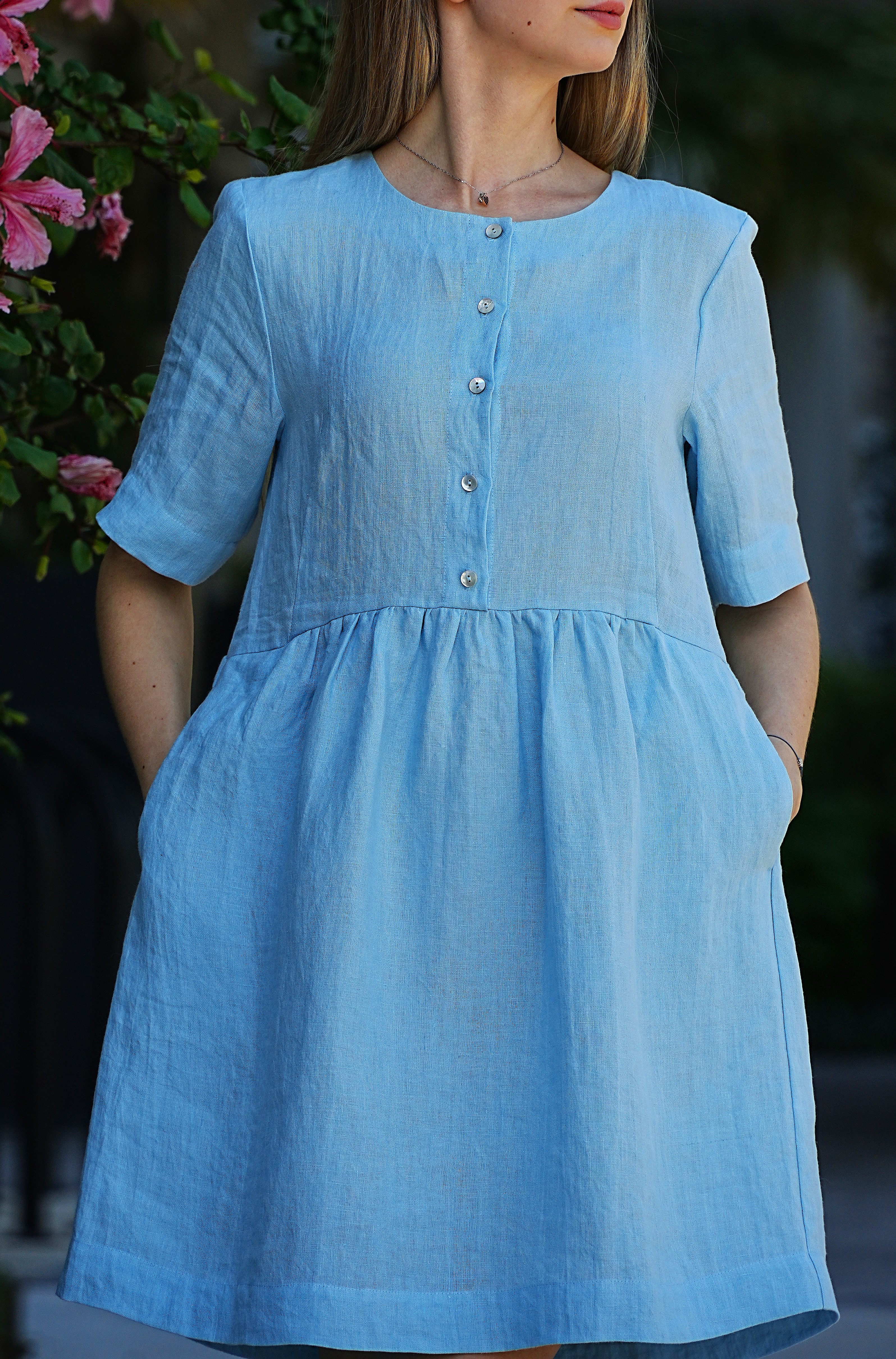 Santorini Dress — button-front and gathered waist