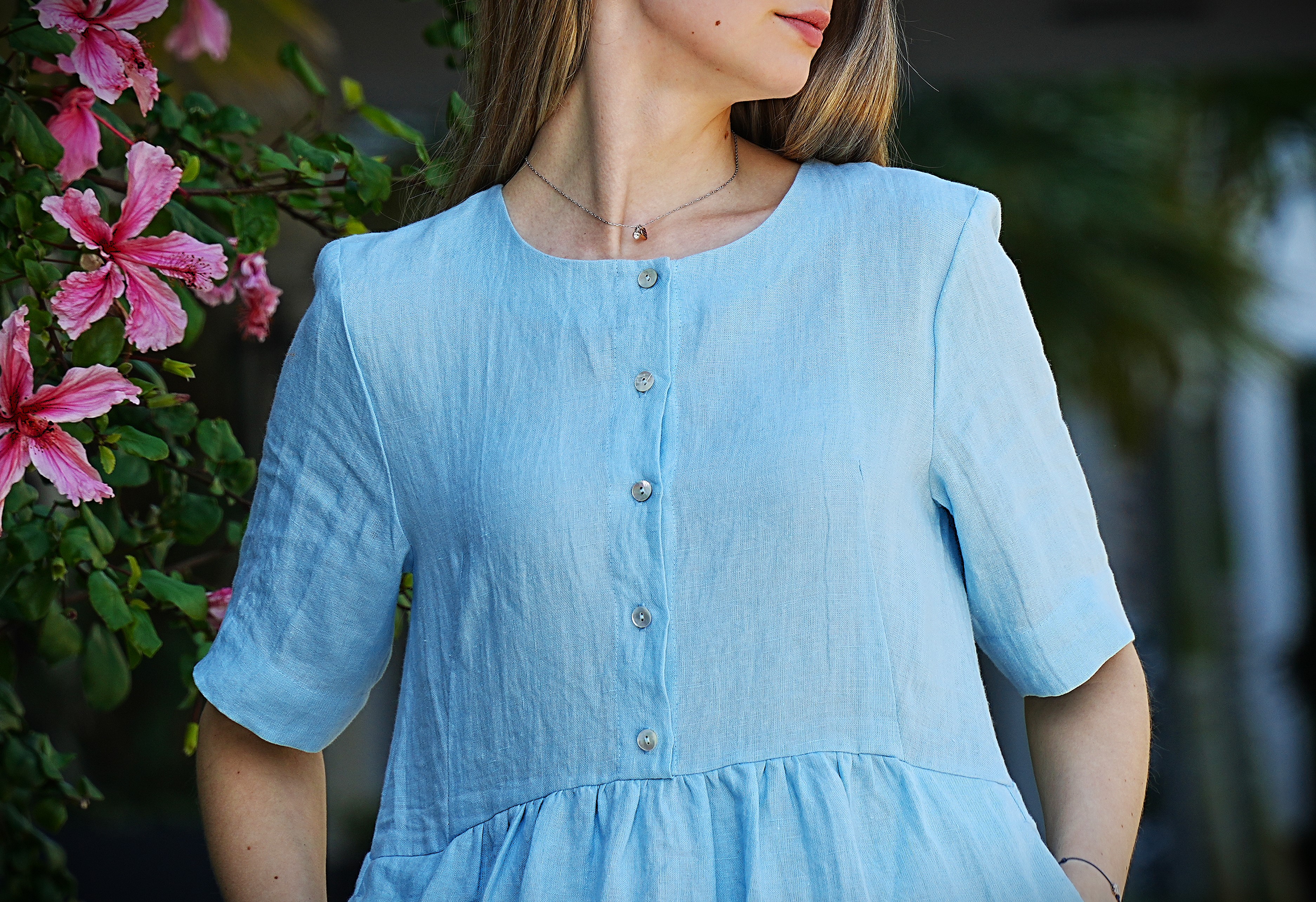 Santorini Dress — mother-of-pearl button detail